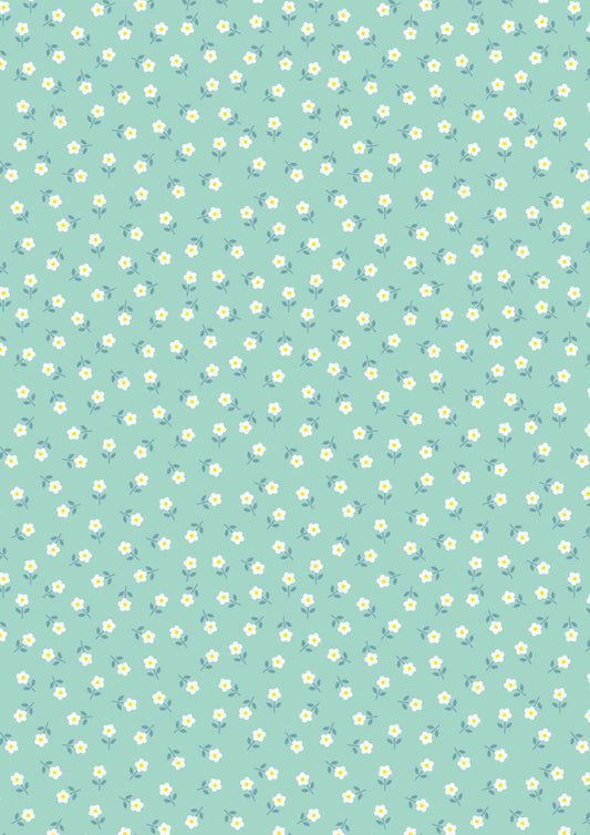 Little daisies cream on aqua - L17A Quilting cotton Lewis Irene